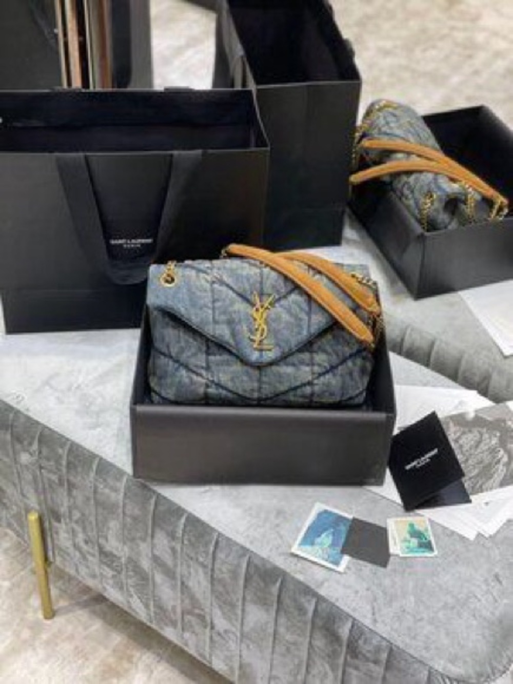 YSL Saint Laurent Puffer Small Shoulder Bag in Denim & Gold Tone Metal Strap